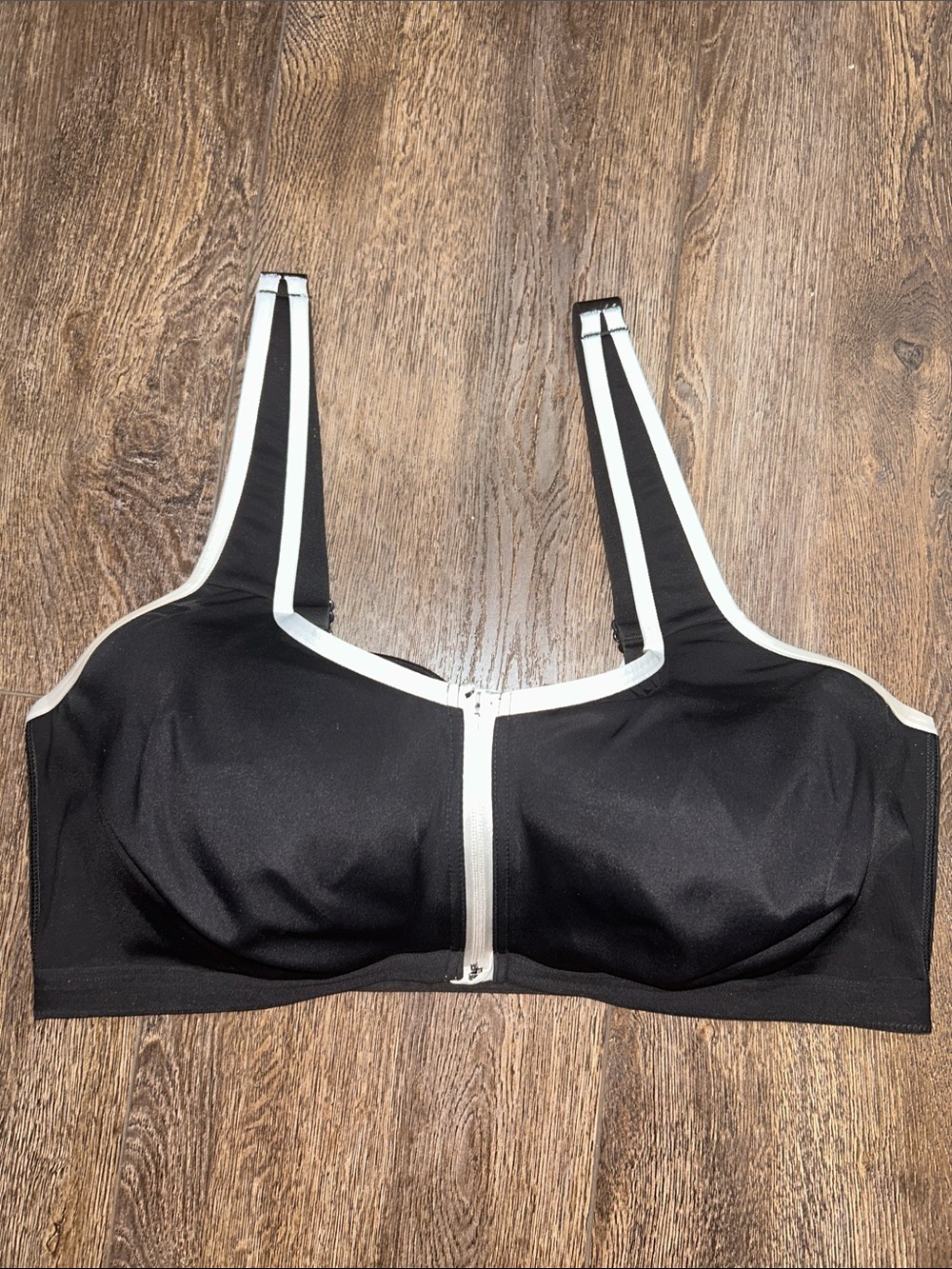 Victoria Secret Black Front-Zip Sports Bra with White Trim